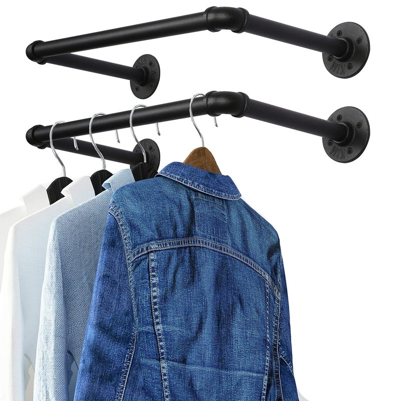 OROPY Industrial Pipe Clothes Rack 212 Set of 2 Heavy Duty Wall Mounted Black Iron Garment Bar MultiPurpose Clothing Hanging Rod for Laundry Room and Closet Storage