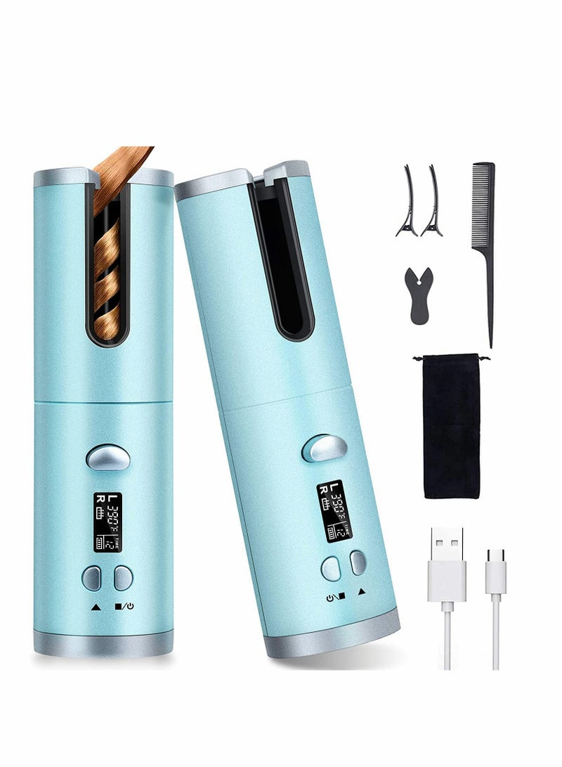 Excefore Automatic Hair Curler Anti-Tangle Wireless Auto Curling Iron Wand Portable USB Rechargeable Spin Curler Ceramic Barrel Rotating for Long Hair Fast Heating for Hair Styling Hair Styling Tools(Blue) - Image 1