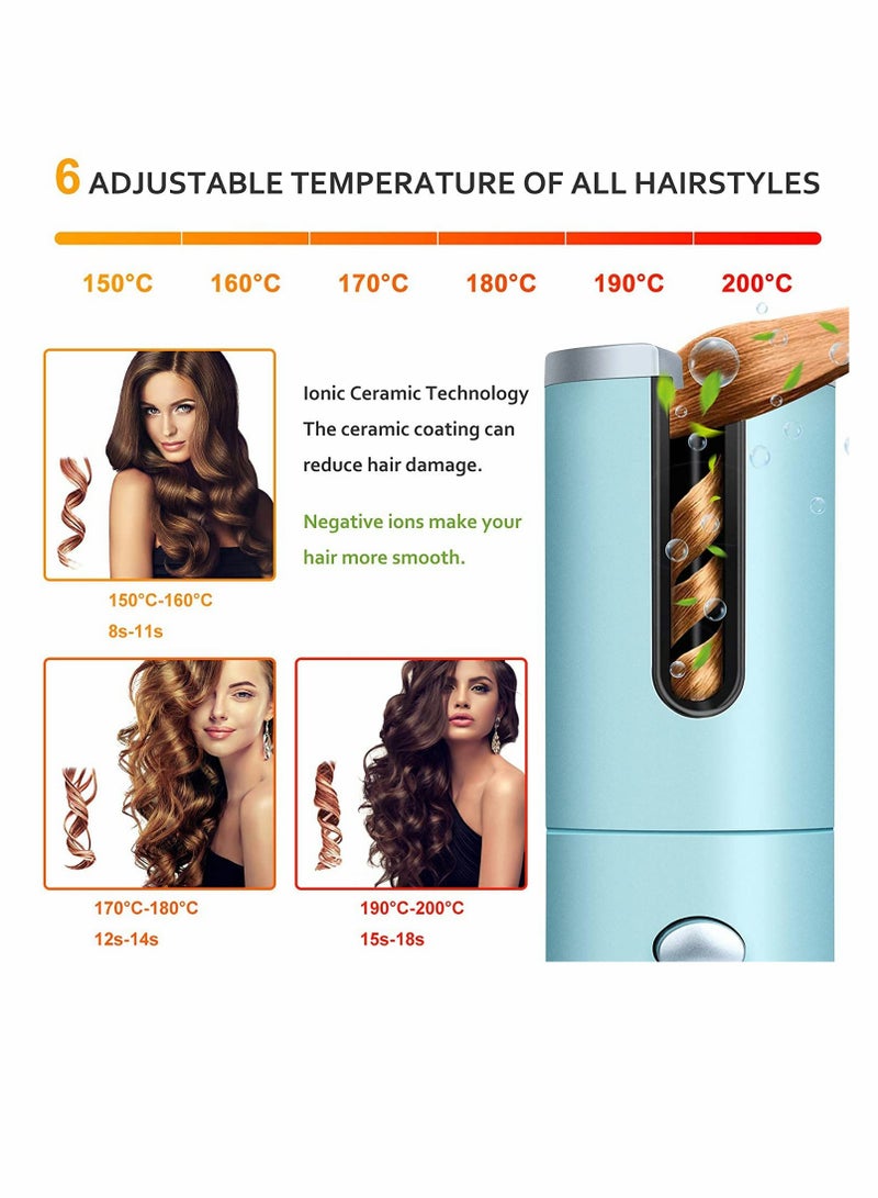 Excefore Automatic Hair Curler Anti-Tangle Wireless Auto Curling Iron Wand Portable USB Rechargeable Spin Curler Ceramic Barrel Rotating for Long Hair Fast Heating for Hair Styling Hair Styling Tools(Blue) - Image 4