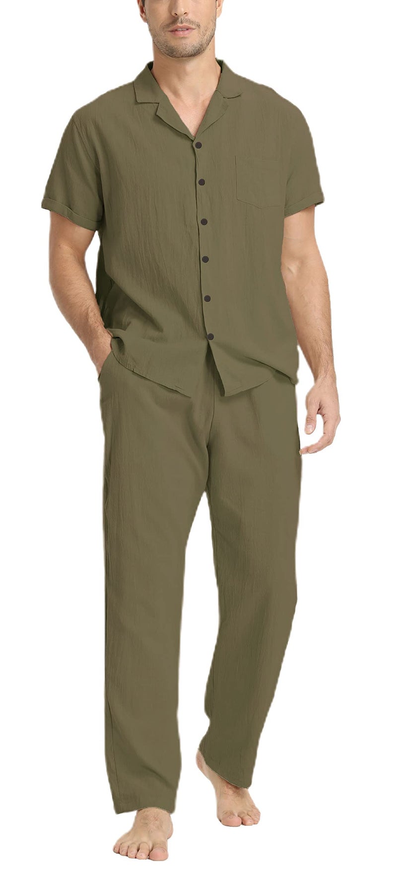 RPOVIG Linen Shirt Pants OutfitsMens Linen Sets 2 Piece Short Sleeve Shirts Yoga Pants Beach Wedding Suits