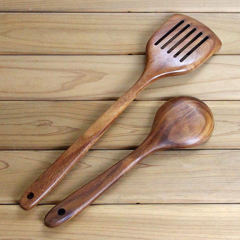 AYFDISHS Wooden Spatulas for Cooking Wooden Utensils Set for Kitchen Handmade Natural Acacia Cooking Rice Paddle Wooden Slotted Spatula for Nonstick Cookwares Set of 2 - Image 3
