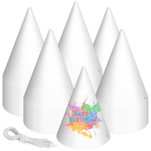 WEOXPR 60 Pieces White Paper Party Hats for Kids Birthday Decorative Bulk Cone Crafts for Adults Art DIY Halloween Supplies - Image 1
