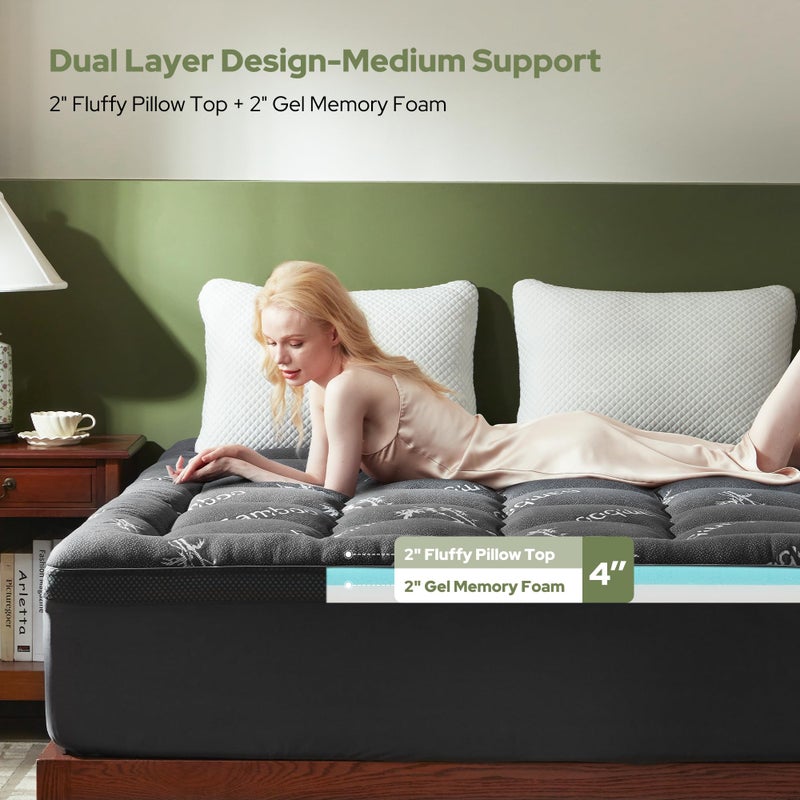 BEDLORE 4 Inch Memory Foam Mattress Topper Full,2-in-1 Dual Layer Design (2" Gel Memory Foam + 2" Plush Pillow Top Cover) Mattress Topper Medium-Firm,Pressure Relief & Back Pain Support(Dark Gray) - Image 2