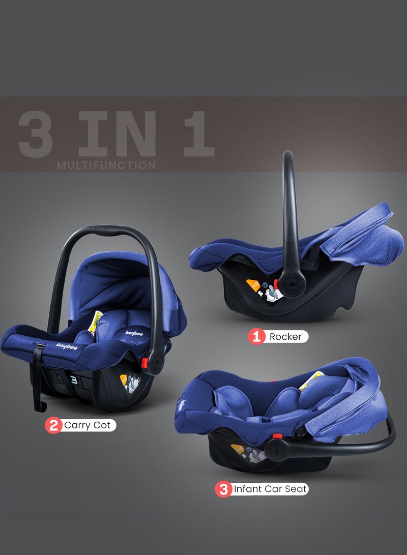 BAYBEE 3 in 1 Multi Purpose Baby Carry Cot n Car Seat with Handle, Canopy, Adjustable Handle, 3 Point Safety Belt Rocker for Infant Baby Carry Cot for New Born Baby 0 to 15 Months Blue - Image 3