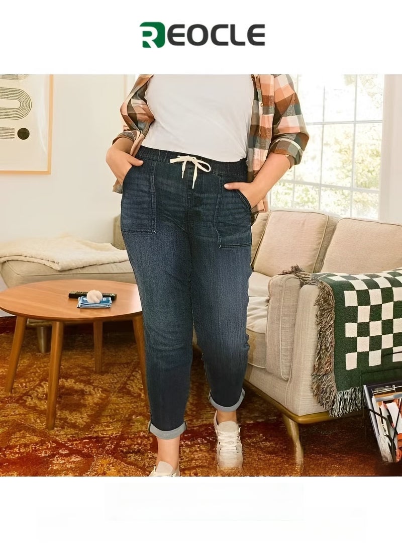 REOCLE Women's Jeans Classic High Waist Daily Wear Slim Jeans Casual Pull On Elastic Jeans Denim Sport Fit Drawstring Jeans - Image 1