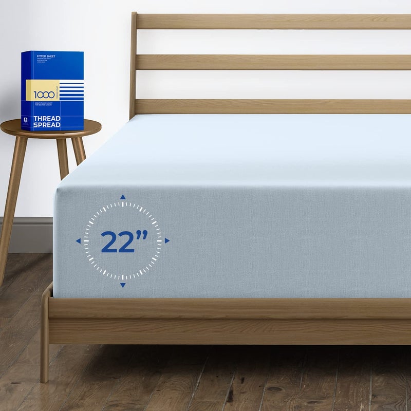Thread Spread Luxury Egyptian Cotton Twin Fitted Sheet Only - 1000-Thread-Count 22"" Twin Deep Pocket Fitted Sheet  Cooling  Sateen Weave  Extra Long Staple Egyptian Cotton Fitted Sheet - Light Blue - Image 1