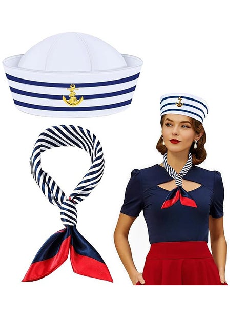 2Pcs Yacht Captain Hat Sailor Hat and Scarf Set Stripes Sailor Hat and Scarf Set Captain Sailor Costume Accessories for Men and Women One Size