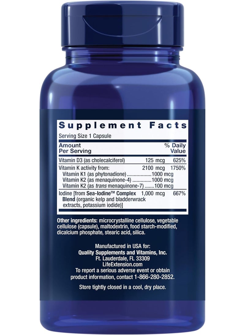 لايف إكستنشن فيتامينات د و ك مع اليود البحري لدعم صحة العظام والدماغ والغدة الدرقية والشرايين، غير معدل وراثيًا، يُؤخذ مرة واحدة يوميًا، خالٍ من الغلوتين، 60 كبسولة - Image 2