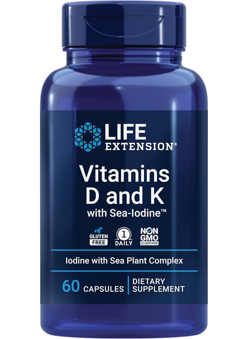 لايف إكستنشن فيتامينات د و ك مع اليود البحري لدعم صحة العظام والدماغ والغدة الدرقية والشرايين، غير معدل وراثيًا، يُؤخذ مرة واحدة يوميًا، خالٍ من الغلوتين، 60 كبسولة - Image 1