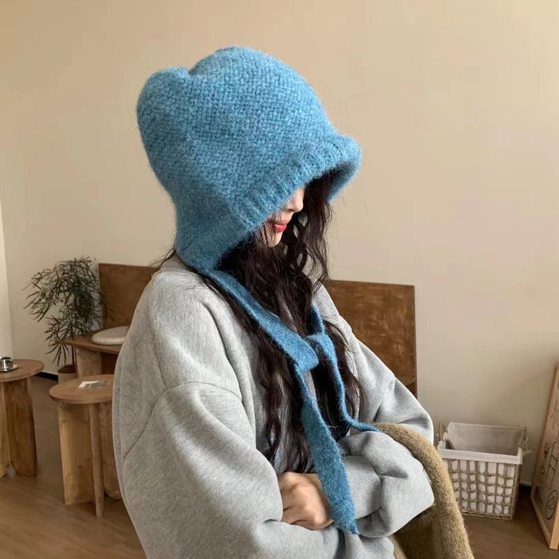 Navy Blue Knitted Hat Wool Blended Lazy Lace-Up Pile Hat Hood Warm All-Match Wool Hat Crossbody Bag - Image 2