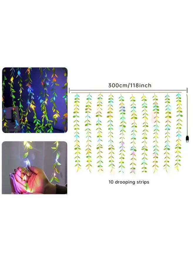 Multicolor Enchanted Willow Leaf LED Curtain Lights USB Powered 100 LED 8 Modes Indoor Outdoor Decor - Image 3