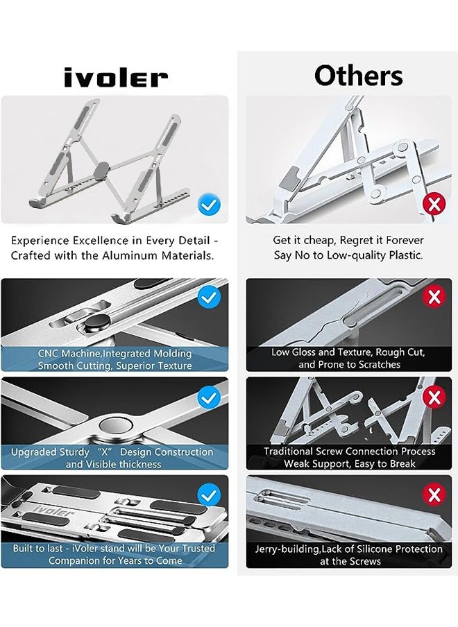 Laptop Stand, Laptop Holder Riser Computer Tablet Stand, 10 Angles Adjustable Aluminum Ergonomic Foldable Portable Desktop Holder Compatible with MacBook,iPad, HP, Dell, Lenovo（Silver)