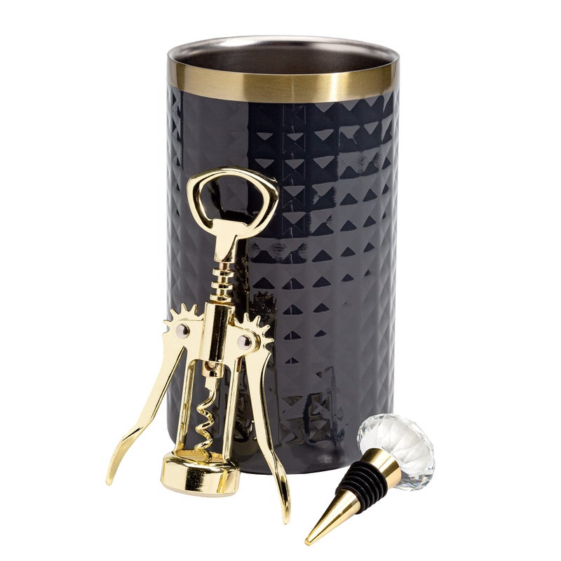 Paris Hilton Wine Bottle Chiller Set Insulated Double Wall Chiller Gold Winged Corkscrew Wine Bottle Opener Diamond Wine Stopper 3Piece Set Charcoal Gray
