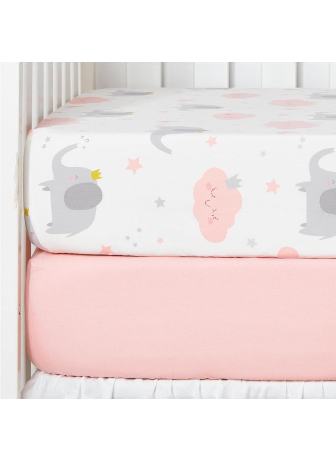 TILLYOU TILLYOU 2 Pack Fitted Crib Sheet Set - 100% Natural Cotton Toddler Bed Mattress Sheets, Standard 28”x 52”, Elephants Clouds & Pink  - Image 1