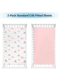 TILLYOU TILLYOU 2 Pack Fitted Crib Sheet Set - 100% Natural Cotton Toddler Bed Mattress Sheets, Standard 28”x 52”, Elephants Clouds & Pink  - Image 2