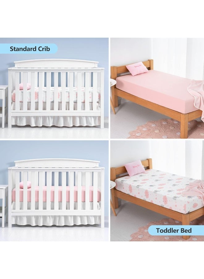 TILLYOU TILLYOU 2 Pack Fitted Crib Sheet Set - 100% Natural Cotton Toddler Bed Mattress Sheets, Standard 28”x 52”, Elephants Clouds & Pink  - Image 5