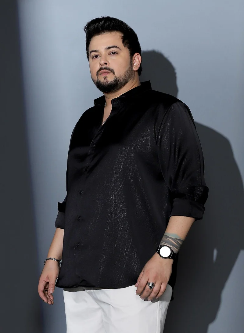 Instafab Plus  Instafab Plus Men Axon-Jacquard Satin Shirt | Spread Collar , Long Cuffed Sleeves | Button Closure , Curved Hem | Abstract Jacquard Material | Woven Fabric For Party & Evening Wear | Onyx Black for Men | Best Price UAE