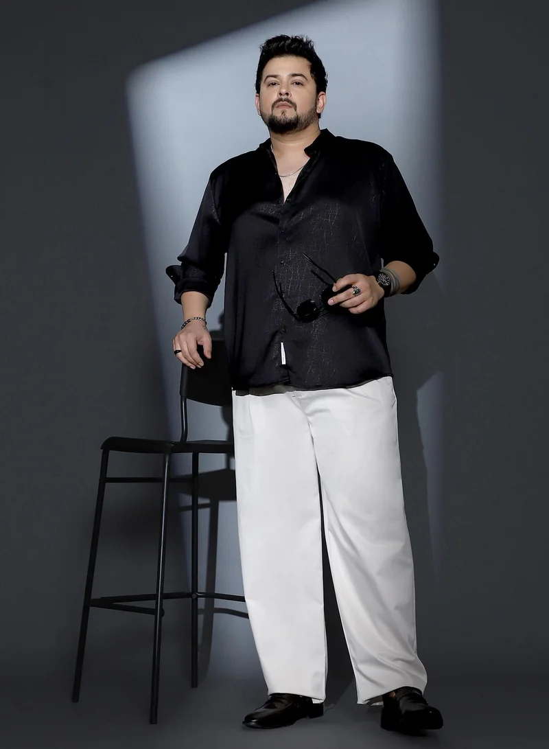 Instafab Plus  Instafab Plus Men Axon-Jacquard Satin Shirt | Spread Collar , Long Cuffed Sleeves | Button Closure , Curved Hem | Abstract Jacquard Material | Woven Fabric For Party & Evening Wear | Onyx Black for Men | Best Price UAE