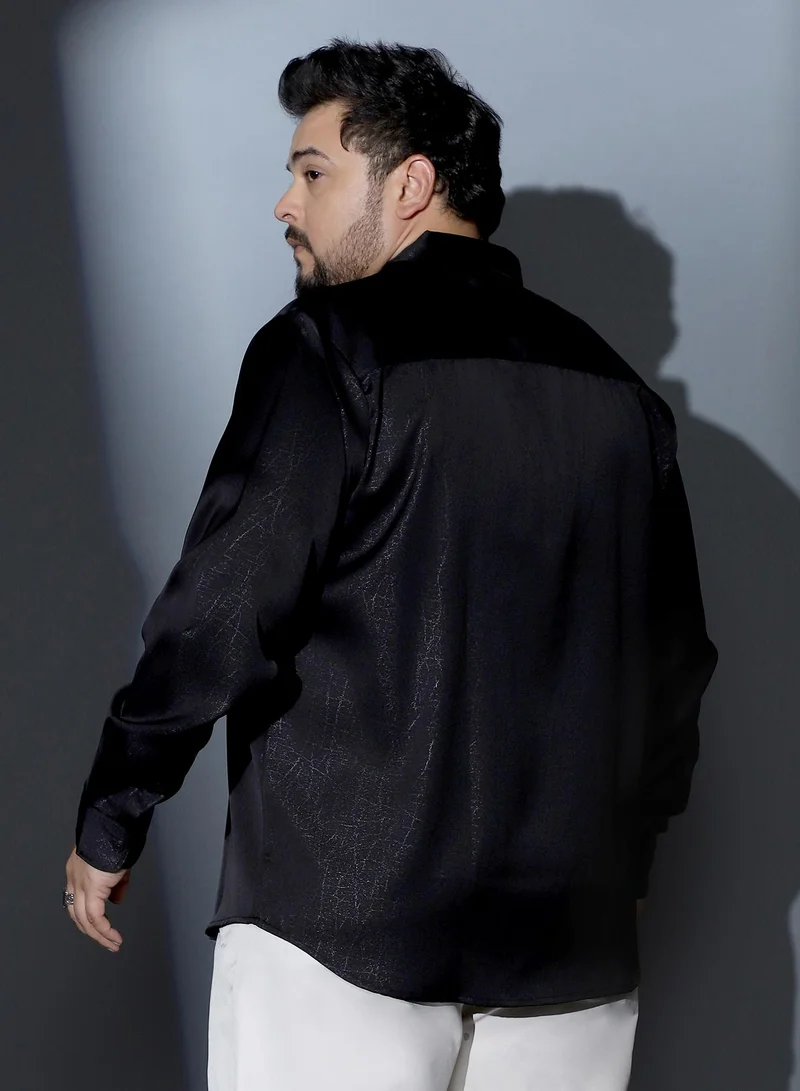 Instafab Plus  Instafab Plus Men Axon-Jacquard Satin Shirt | Spread Collar , Long Cuffed Sleeves | Button Closure , Curved Hem | Abstract Jacquard Material | Woven Fabric For Party & Evening Wear | Onyx Black for Men | Best Price UAE