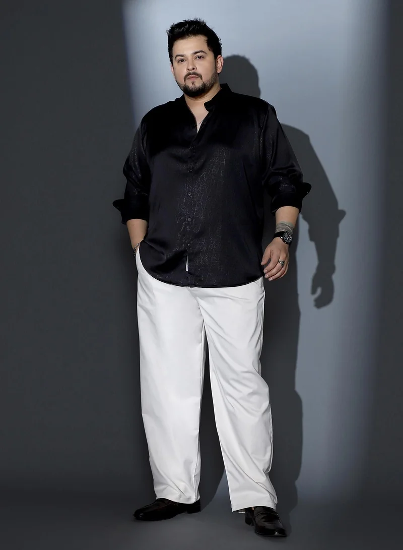 Instafab Plus  Instafab Plus Men Axon-Jacquard Satin Shirt | Spread Collar , Long Cuffed Sleeves | Button Closure , Curved Hem | Abstract Jacquard Material | Woven Fabric For Party & Evening Wear | Onyx Black for Men | Best Price UAE