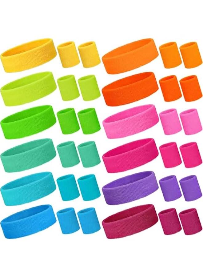 36 Pcs Neon Sweatbands Set for Kids 24 Pcs Sports Wristbands 12 Football Tennis Headbands Neon Colorful Kids Sports Sweat Band for 80s Glow Party Basketball School Supplies(Neon) - Image 1