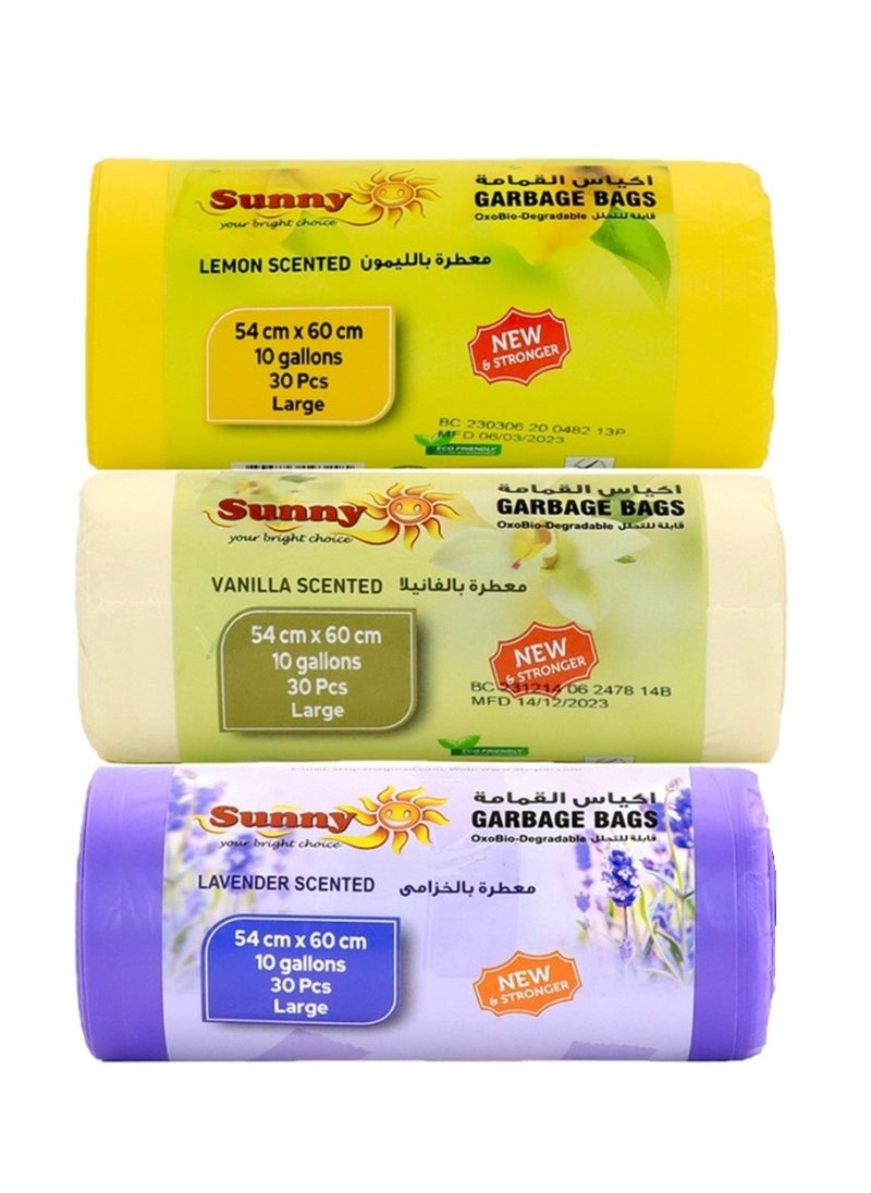 Sunny Your Bright Choice - Scented Garbage Bags Combo Vanilla, Lemon, Lavender 10 Gallons 54cm x 60cm (30 x 3) 90 Pieces OXO-Biodegradable - Image 1