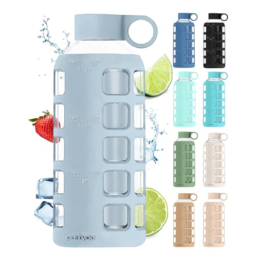 purifyou 40oz / 32oz / 22oz / 12oz Borosilicate Glass Water Bottle with Time & Volume Markers, Silicone Sleeve, Stainless Steel Lid | Reusable Glass Bottle for Water & Juice (22oz Ice Blue) - Image 1