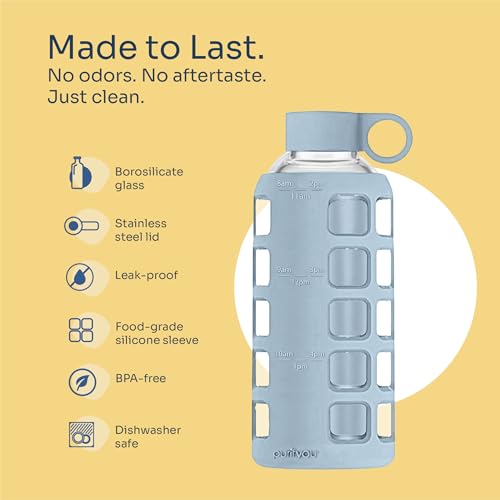 purifyou 40oz / 32oz / 22oz / 12oz Borosilicate Glass Water Bottle with Time & Volume Markers, Silicone Sleeve, Stainless Steel Lid | Reusable Glass Bottle for Water & Juice (22oz Ice Blue) - Image 4