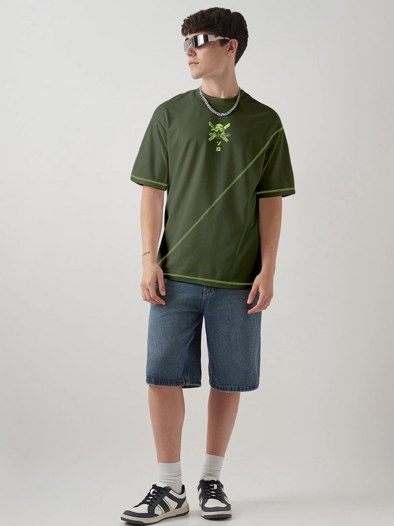 crazymonk Zoro X King of Hell Oversized T-Shirt - Olive Green - M - Image 3