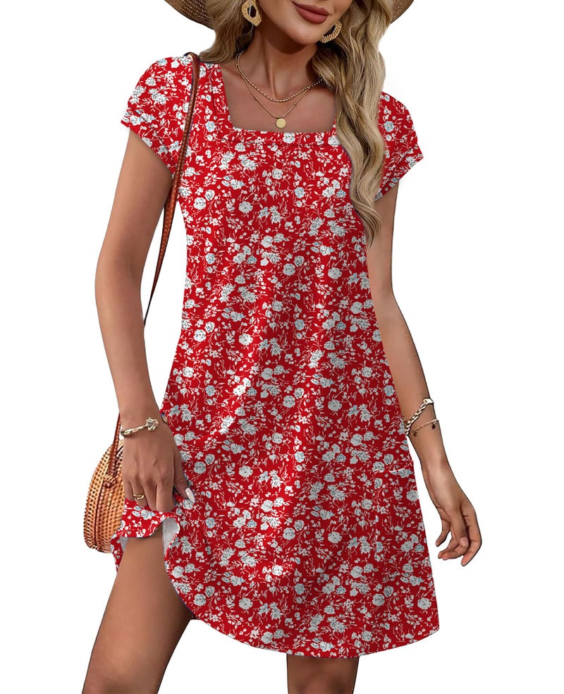 OFEEFAN Womens Summer Dresses 2026 Loose Square Neck Cap Sleeve T Shirt Casual Spring Fashion Dress Sundresses with Pockets Beach Vacation Clothes F-Red Floral L - Image 2
