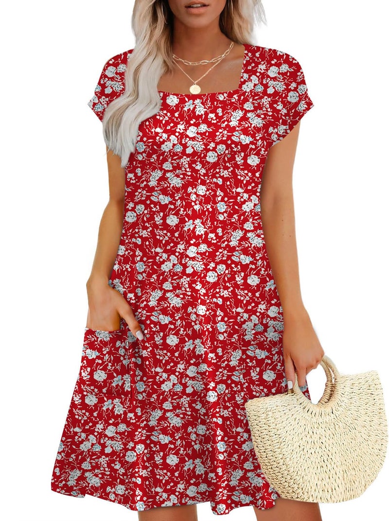 OFEEFAN Womens Summer Dresses 2026 Loose Square Neck Cap Sleeve T Shirt Casual Spring Fashion Dress Sundresses with Pockets Beach Vacation Clothes F-Red Floral L - Image 3