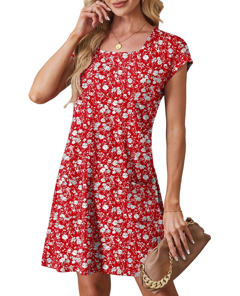 OFEEFAN Womens Summer Dresses 2026 Loose Square Neck Cap Sleeve T Shirt Casual Spring Fashion Dress Sundresses with Pockets Beach Vacation Clothes F-Red Floral L - Image 4
