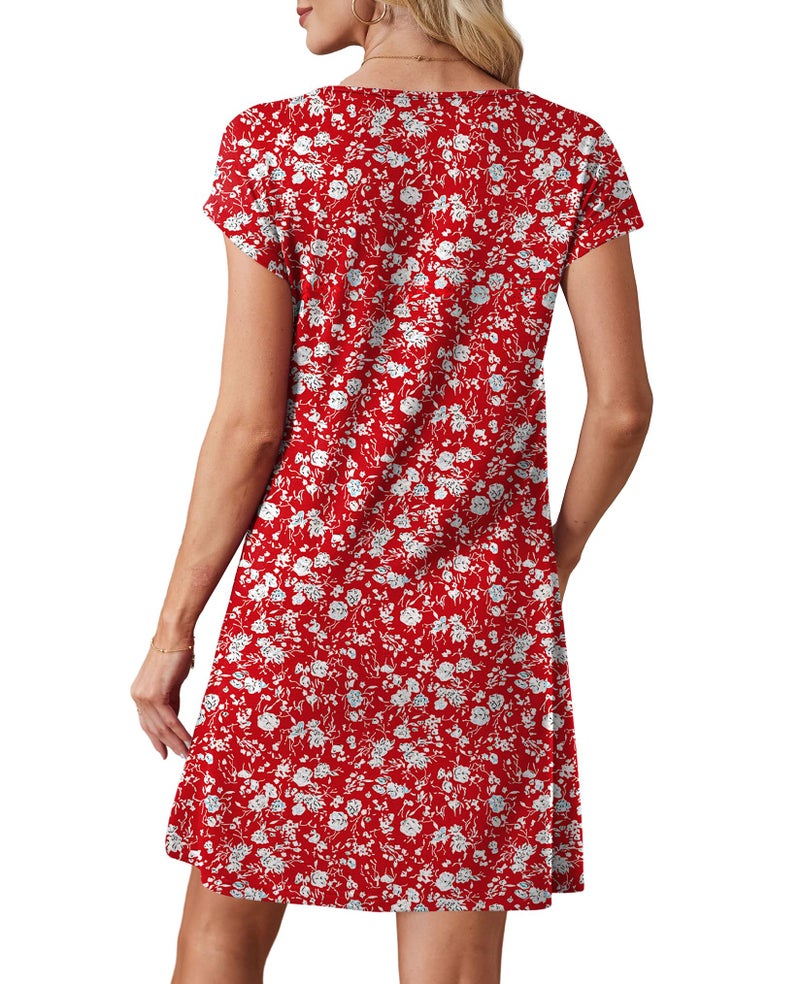 OFEEFAN Womens Summer Dresses 2026 Loose Square Neck Cap Sleeve T Shirt Casual Spring Fashion Dress Sundresses with Pockets Beach Vacation Clothes F-Red Floral L - Image 5