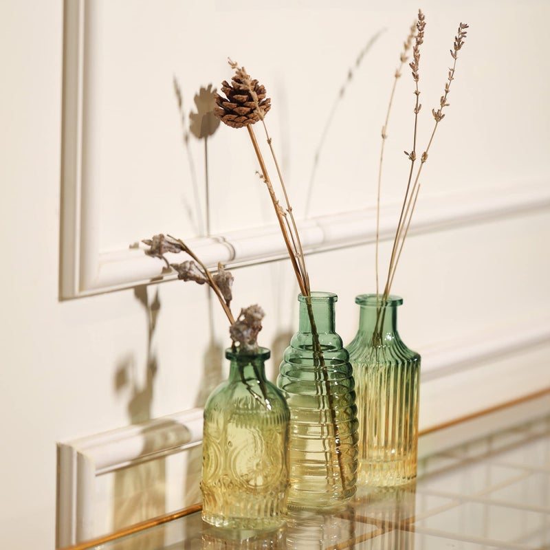 Joeyan Small Embossed Glass Bud Vase Set of 3,Green and Amber Colored Rustic Decorative Vase for Single Flower and Dry Flowers - Image 2