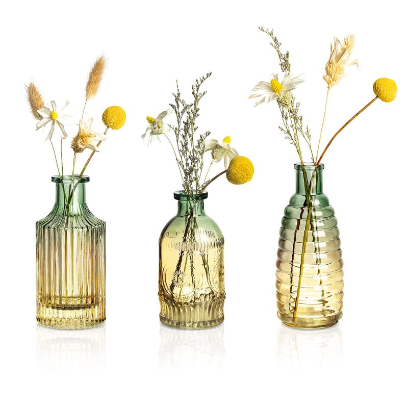 Joeyan Small Embossed Glass Bud Vase Set of 3,Green and Amber Colored Rustic Decorative Vase for Single Flower and Dry Flowers - Image 1