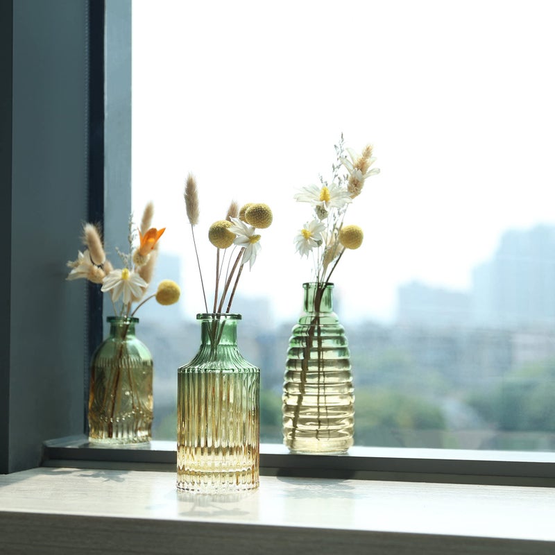 Joeyan Small Embossed Glass Bud Vase Set of 3,Green and Amber Colored Rustic Decorative Vase for Single Flower and Dry Flowers - Image 3