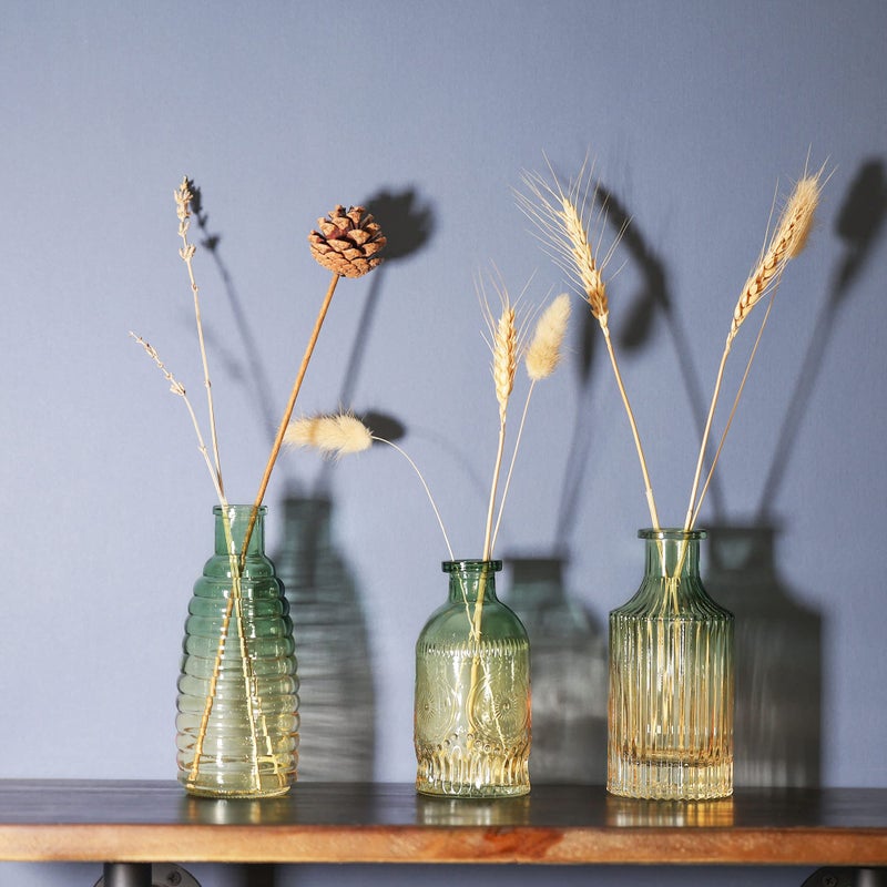 Joeyan Small Embossed Glass Bud Vase Set of 3,Green and Amber Colored Rustic Decorative Vase for Single Flower and Dry Flowers - Image 4