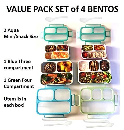 kinsho Bento-Box Lunch and Snack Boxes. Family Pack of 4 Meal Planning Portion Containers For Kids, Women, Adults. BPA Free. Utensils, Blue & Green Set (2 large + 2 Mini) - Image 3