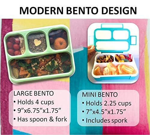 kinsho Bento-Box Lunch and Snack Boxes. Family Pack of 4 Meal Planning Portion Containers For Kids, Women, Adults. BPA Free. Utensils, Blue & Green Set (2 large + 2 Mini) - Image 4