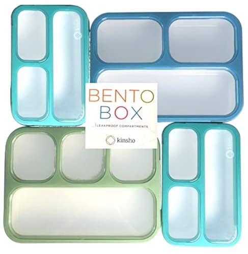 kinsho Bento-Box Lunch and Snack Boxes. Family Pack of 4 Meal Planning Portion Containers For Kids, Women, Adults. BPA Free. Utensils, Blue & Green Set (2 large + 2 Mini) - Image 1