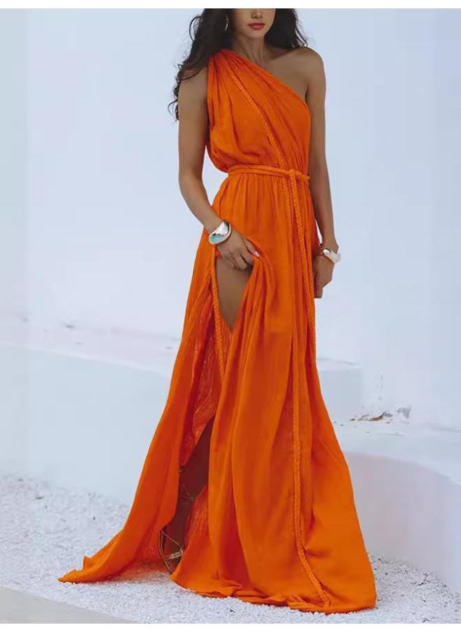 Generic Independent Station Europe And The United States Women's Fashion New Beach Vacation Rope Solid Color Dress Blouse 8045 
