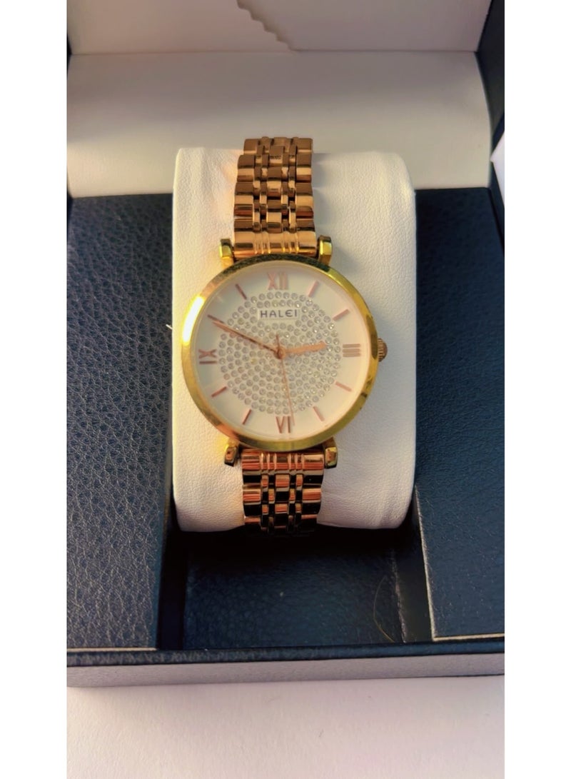 HALEI Luxury Gold Crystal Dial Women’s Analog Watch – Pre-Owned (Like Brand New Condition) - Image 1
