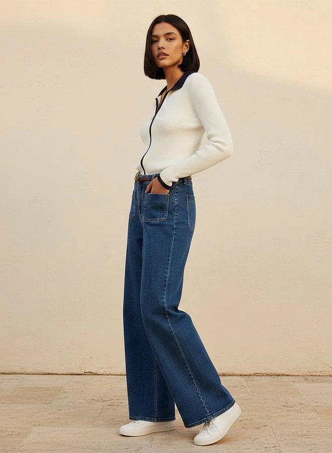 Lee Cooper BLUE Lee Cooper Wide Leg Belted Cotton Jeans for Women | Best Price UAE
