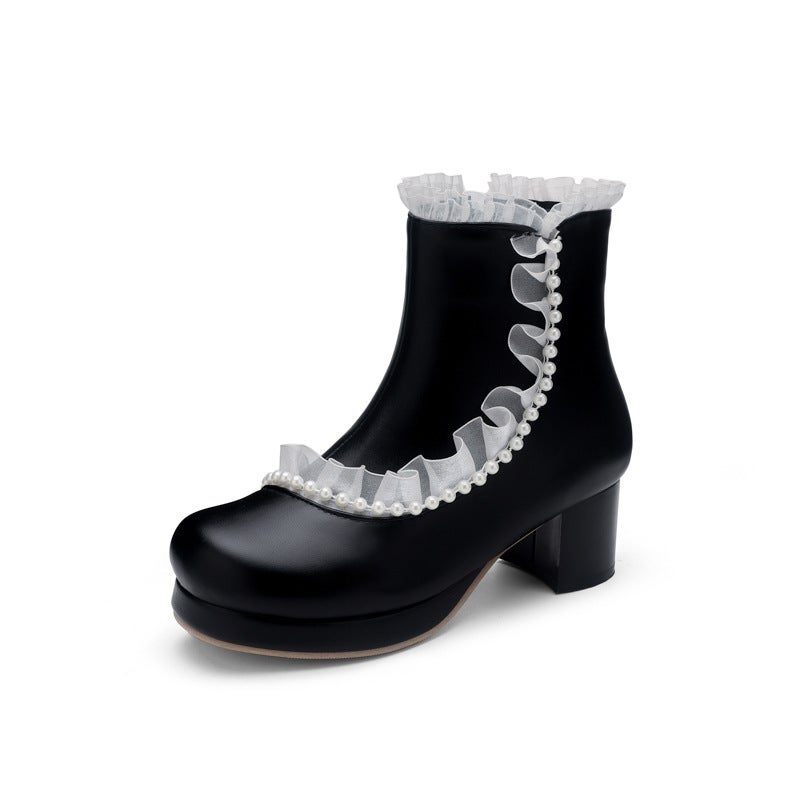 Mid-Heel Thick-Soled Lace-Edged 28-48 Plus Size Pearl-Edged Lolita Low Boots - Image 1