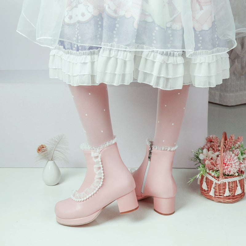 Mid-Heel Thick-Soled Lace-Edged 28-48 Plus Size Pearl-Edged Lolita Low Boots - Image 5