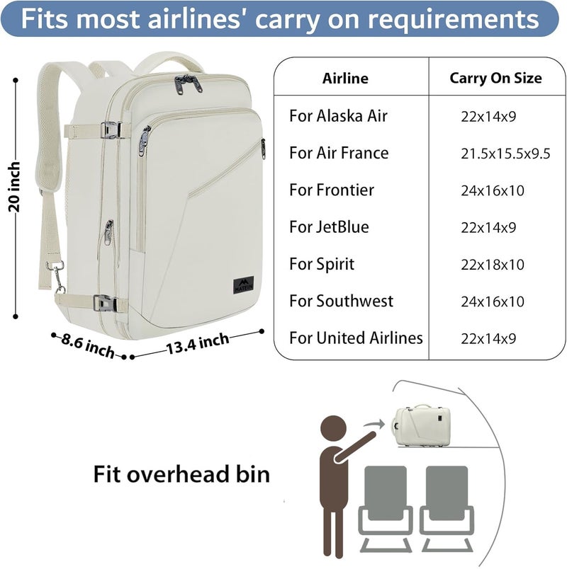 MATEIN Large Backpack for Travel Flight Approved, 45L Carry on Backpack with Padded Shoulder Straps for Adult, Men, Women, Expandable Daypack for Clothes, Travel Essentials, Beige - Image 2