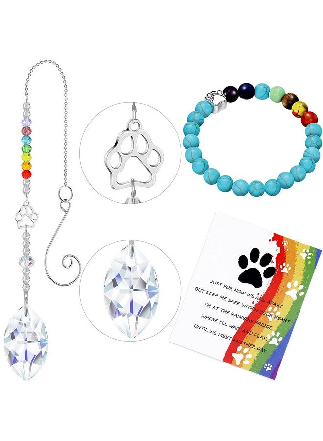 Junkin Junkin 3 Pcs Rainbow Bridge Pet Memorial Set Includes Rainbow Bridge Bracelet with Dog Paw Bead Memorial Crystal Wind Chime Sympathy Poem Card for Women Men Pet Lovers  - Image 1