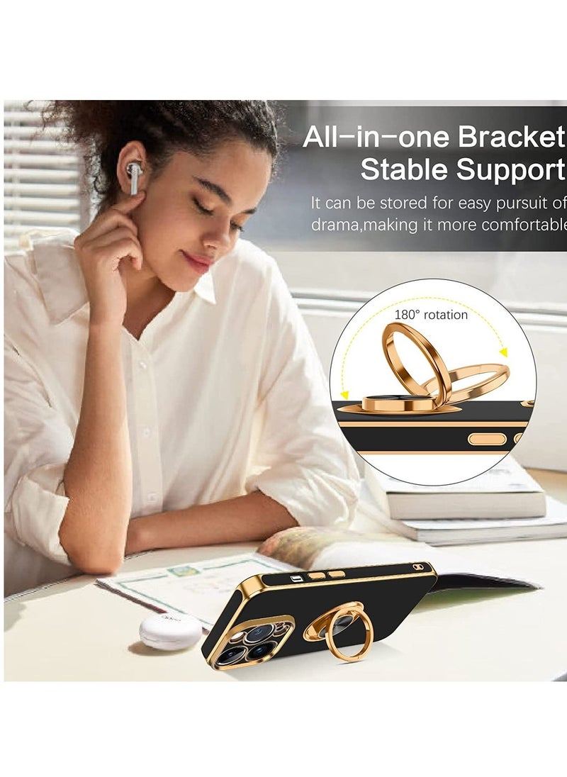 Raxoom 360° Rotation Kickstand Ring Holder Plating Edge Soft Rubber TPU Bumper Slim Flexible Shockproof Protective Phone Case Cover for 6.7 inch iPhone 14 Pro Max 2022, Black - Image 4