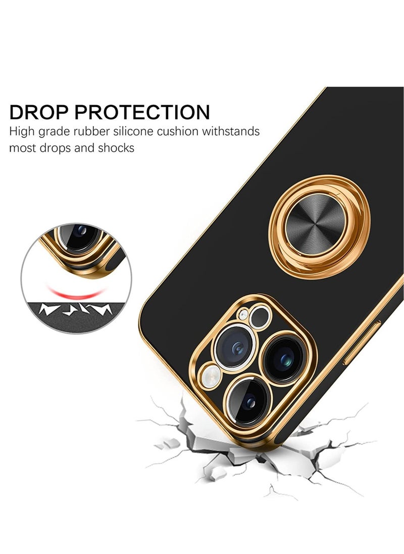 Raxoom 360° Rotation Kickstand Ring Holder Plating Edge Soft Rubber TPU Bumper Slim Flexible Shockproof Protective Phone Case Cover for 6.7 inch iPhone 14 Pro Max 2022, Black - Image 2