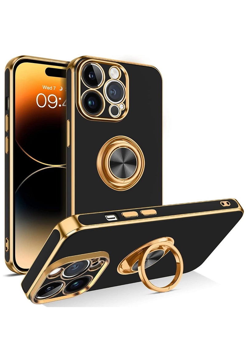 Raxoom 360° Rotation Kickstand Ring Holder Plating Edge Soft Rubber TPU Bumper Slim Flexible Shockproof Protective Phone Case Cover for 6.7 inch iPhone 14 Pro Max 2022, Black - Image 1